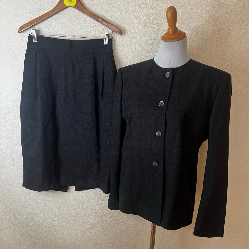 Hertling gray wool collarless blazer jacket & skirt set business suit WOMENS 14